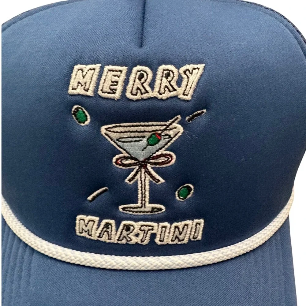 Anthropologie Empathy Illustrated Merry Martini Trucker Hat NWT Blue OSFA